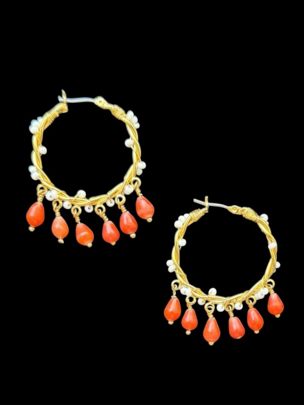 NEW Gold Wire Wrapped Red Coral and Pearl Hoop Earrings